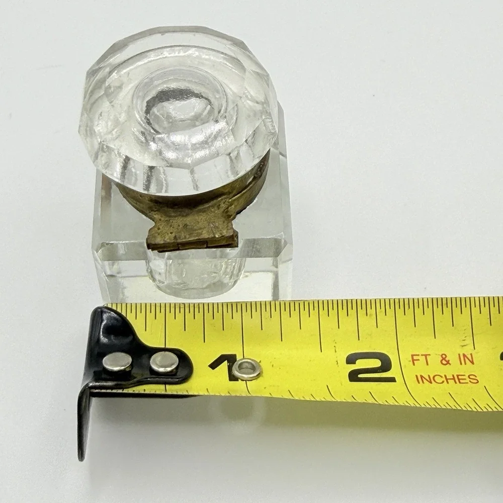 Antique Victorian Crystal Inkwell Cut Faceted Glass Brass Lid Hinge 2